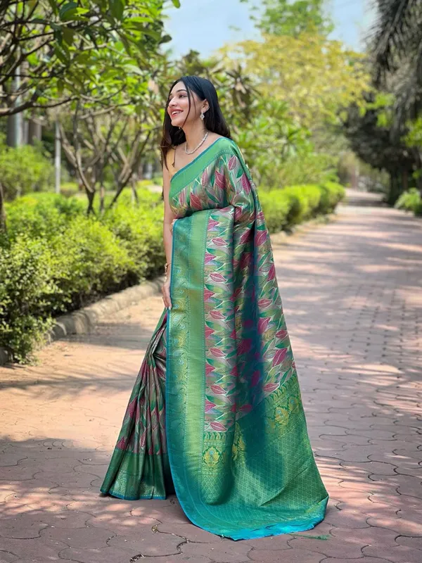 Women_S_Luxurious_Pista_Green_Pink_Art_Silk_Saree_With_Intricate_Leaf_Weave_Broad_Zari_Border_Ideal_For_Festive_Wedding_Occasions