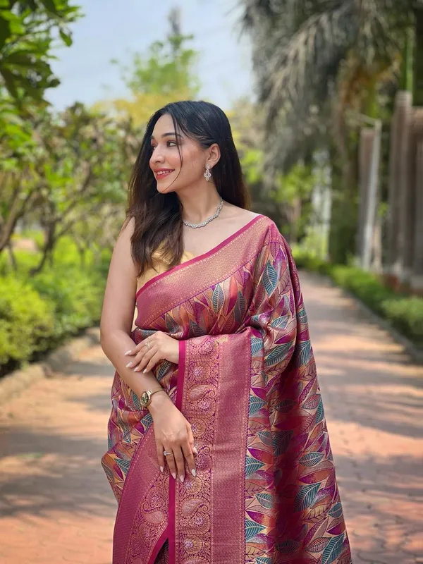 Women_S_Luxurious_Pista_Green_Pink_Art_Silk_Saree_With_Intricate_Leaf_Weave_Broad_Zari_Border_Ideal_For_Festive_Wedding_Occasions
