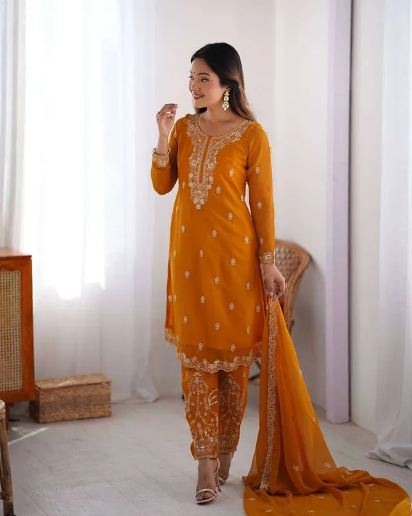 Women_S_Georgette_Embroidery_Straight_Kurti_With_Pant_And_Dupatta_Set
