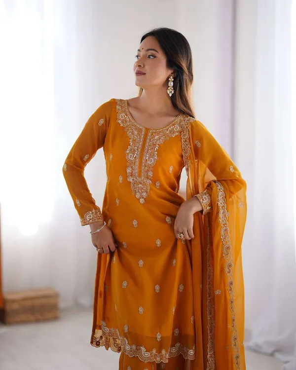 Women_S_Georgette_Embroidery_Straight_Kurti_With_Pant_And_Dupatta_Set
