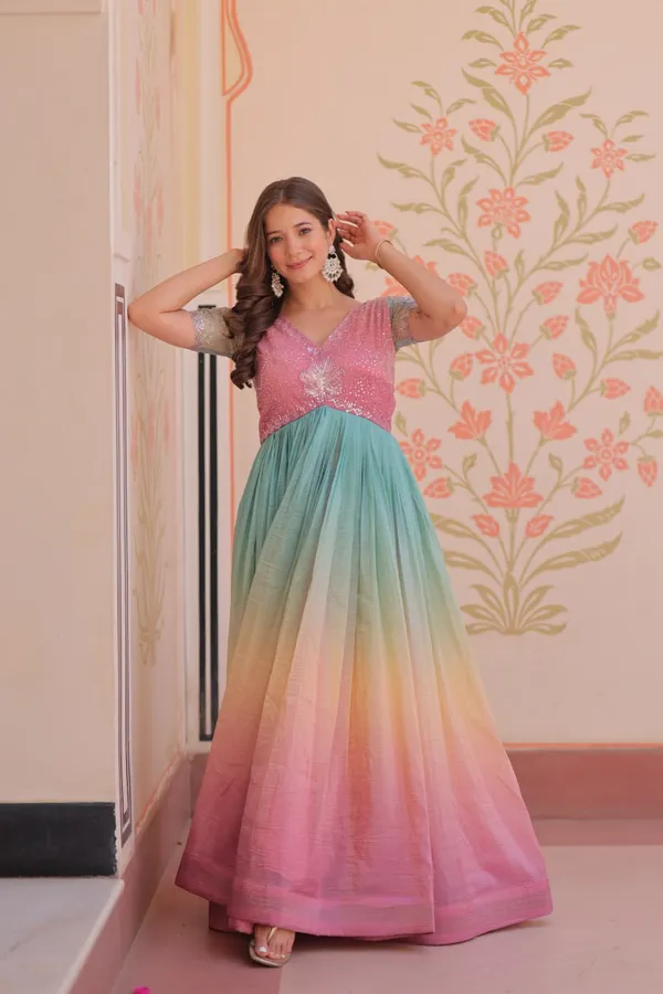 Women_S_Dual_Tone_Ombre_Gown_In_Candy_Pink_Aqua_Green_With_Embroidered_Bodice_Festive_Contemporary_Wear