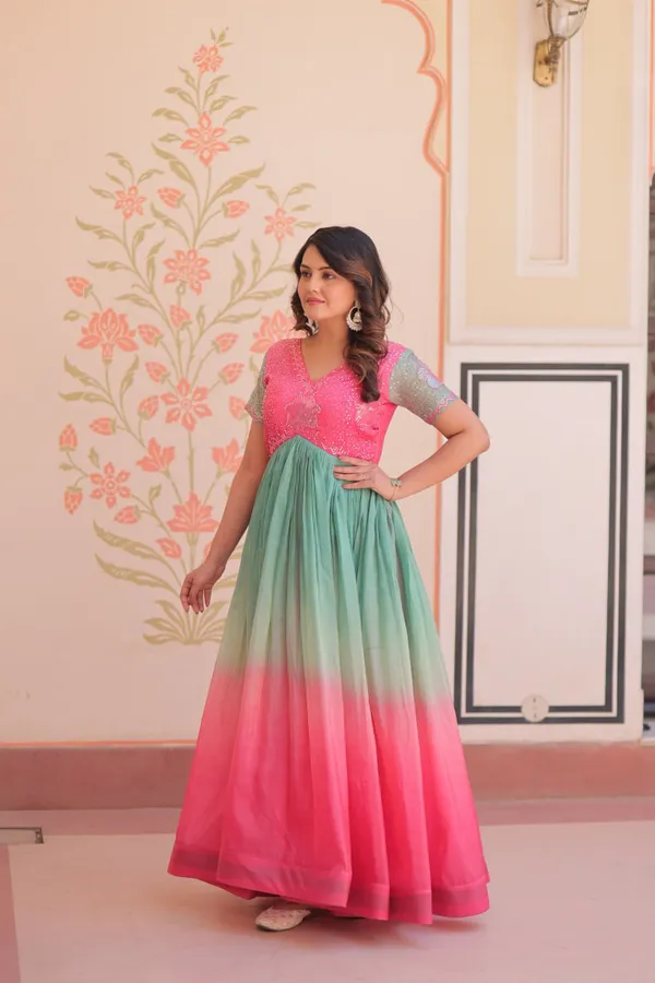 Women_S_Dual_Tone_Ombre_Gown_In_Candy_Pink_Aqua_Green_With_Embroidered_Bodice_Festive_Contemporary_Wear