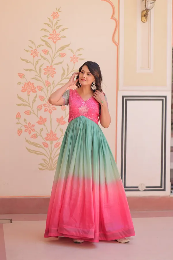Women_S_Dual_Tone_Ombre_Gown_In_Candy_Pink_Aqua_Green_With_Embroidered_Bodice_Festive_Contemporary_Wear