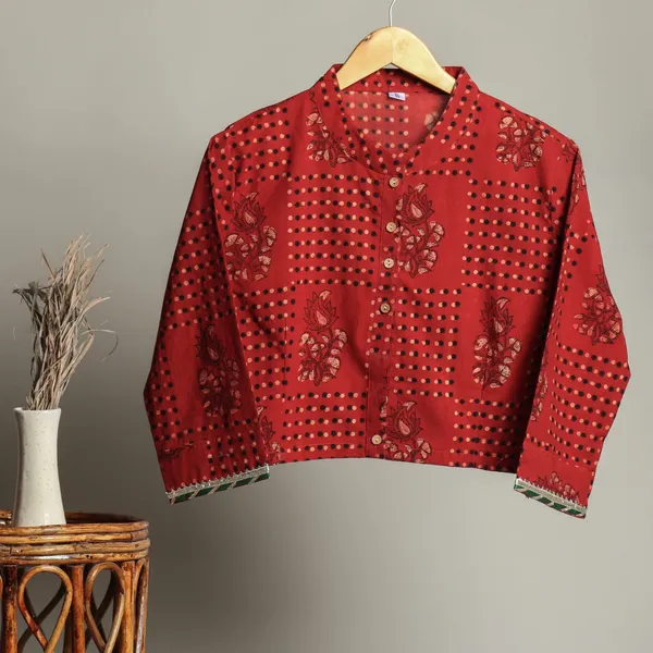 Hand_Block_Print_Cotton_Shirt_For_Women_Red_Floral_Printed_Button_Down_Top_With_Full_Sleeves