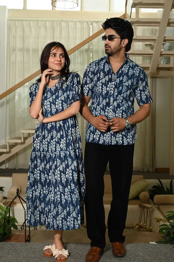 Couple_Matching_Blue_Leaf_Print_Cotton_Anarkali_Midi_Dress_And_Shirt_Set