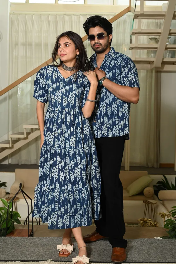 Couple_Matching_Blue_Leaf_Print_Cotton_Anarkali_Midi_Dress_And_Shirt_Set