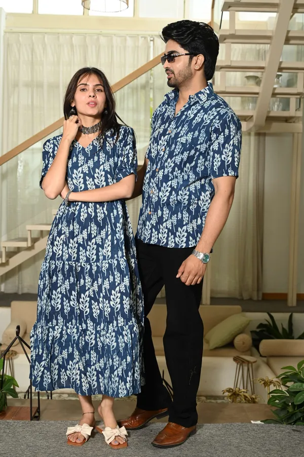 Couple_Matching_Blue_Leaf_Print_Cotton_Anarkali_Midi_Dress_And_Shirt_Set