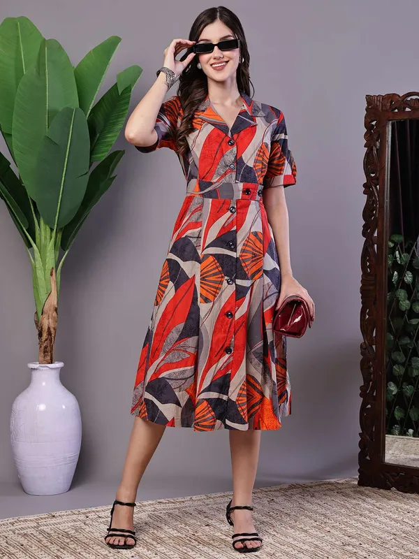Women_S_Leaf_Print_Button_Down_Cotton_Midi_Dress