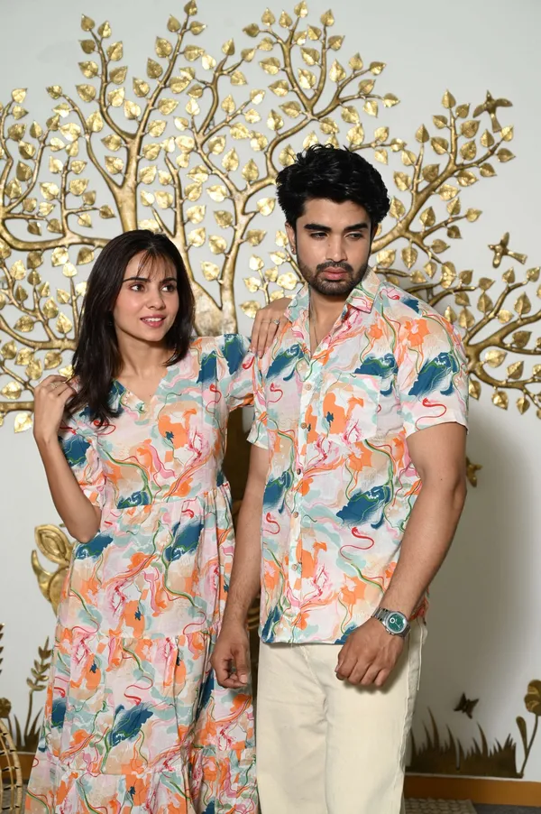 Couple_Matching_Abstract_Print_Cotton_Anarkali_Midi_Dress_Shirt_Set_Multicolor_Summer_Outfit