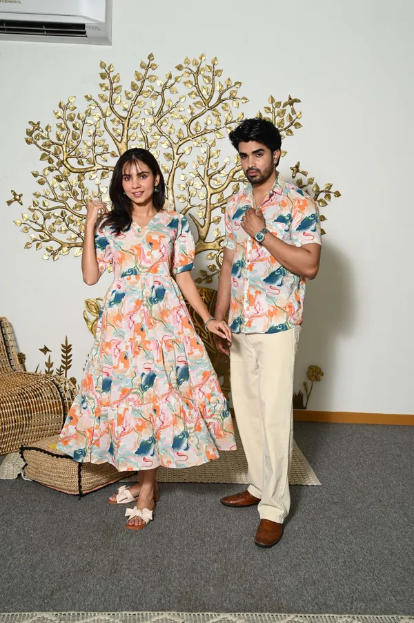 Couple_Matching_Abstract_Print_Cotton_Anarkali_Midi_Dress_Shirt_Set_Multicolor_Summer_Outfit