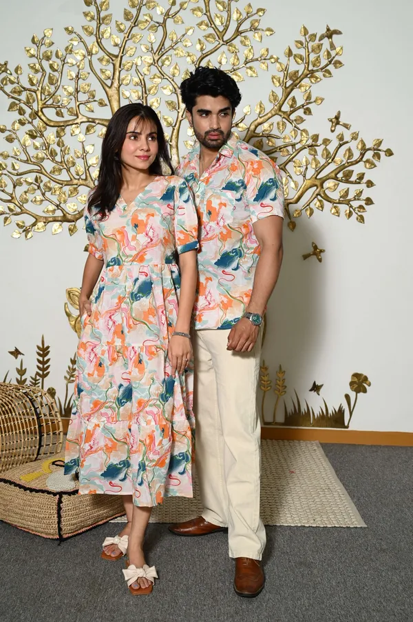 Couple_Matching_Abstract_Print_Cotton_Anarkali_Midi_Dress_Shirt_Set_Multicolor_Summer_Outfit