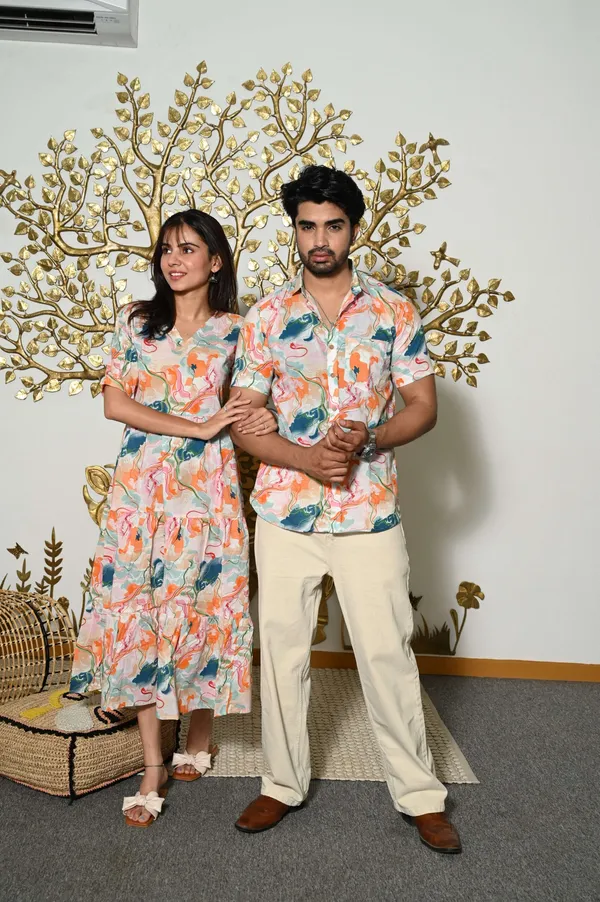 Couple_Matching_Abstract_Print_Cotton_Anarkali_Midi_Dress_Shirt_Set_Multicolor_Summer_Outfit
