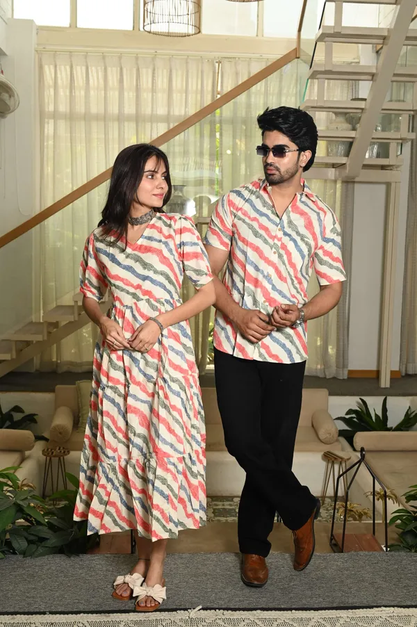 Couple_Matching_Cream_Cotton_Anarkali_Midi_Dress_And_Shirt_Set_Wavy_Red_Blue_Stripes