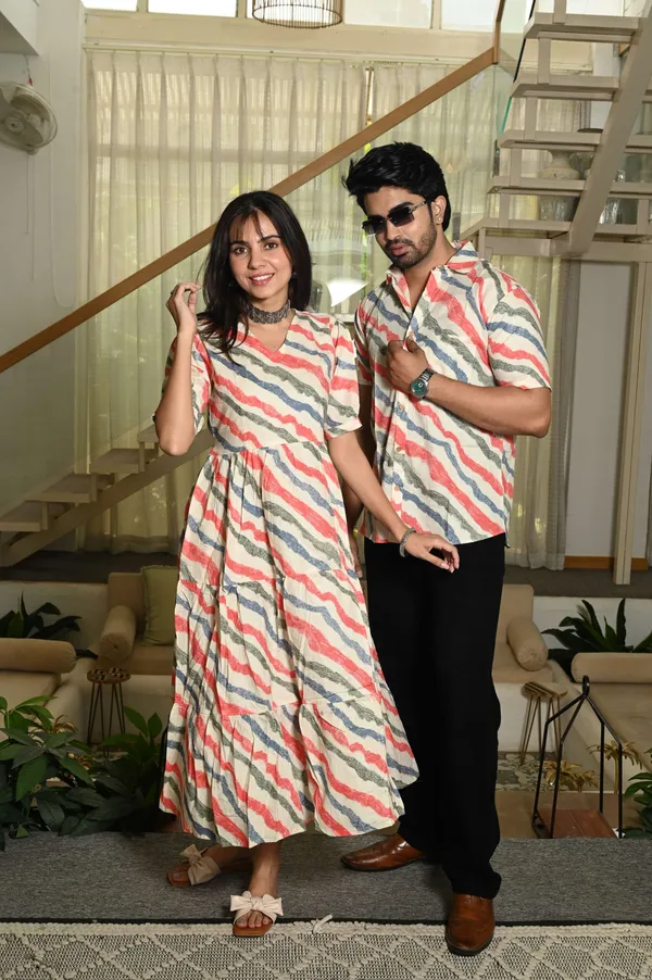 Couple_Matching_Cream_Cotton_Anarkali_Midi_Dress_And_Shirt_Set_Wavy_Red_Blue_Stripes