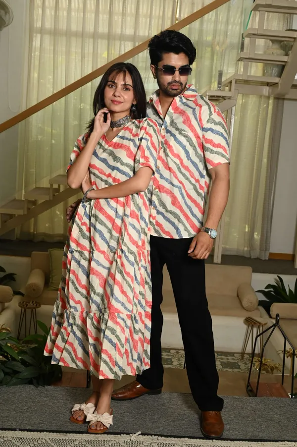 Couple_Matching_Cream_Cotton_Anarkali_Midi_Dress_And_Shirt_Set_Wavy_Red_Blue_Stripes
