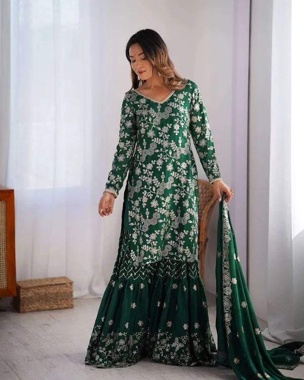 Women_S_Chinon_Silk_Embroidery_Sequence_Work_Straight_Kurti_With_Sharara_Suit_And_Dupatta_Set