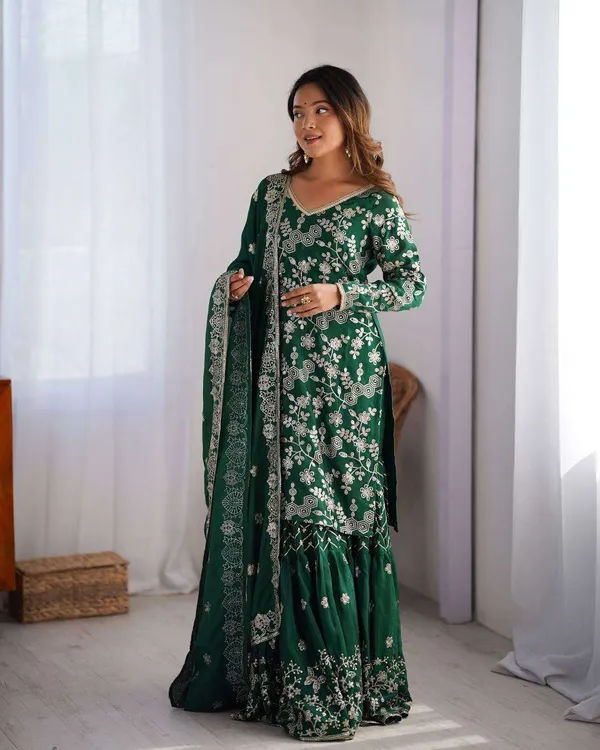 Women_S_Chinon_Silk_Embroidery_Sequence_Work_Straight_Kurti_With_Sharara_Suit_And_Dupatta_Set