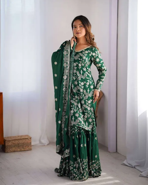 Women_S_Chinon_Silk_Embroidery_Sequence_Work_Straight_Kurti_With_Sharara_Suit_And_Dupatta_Set