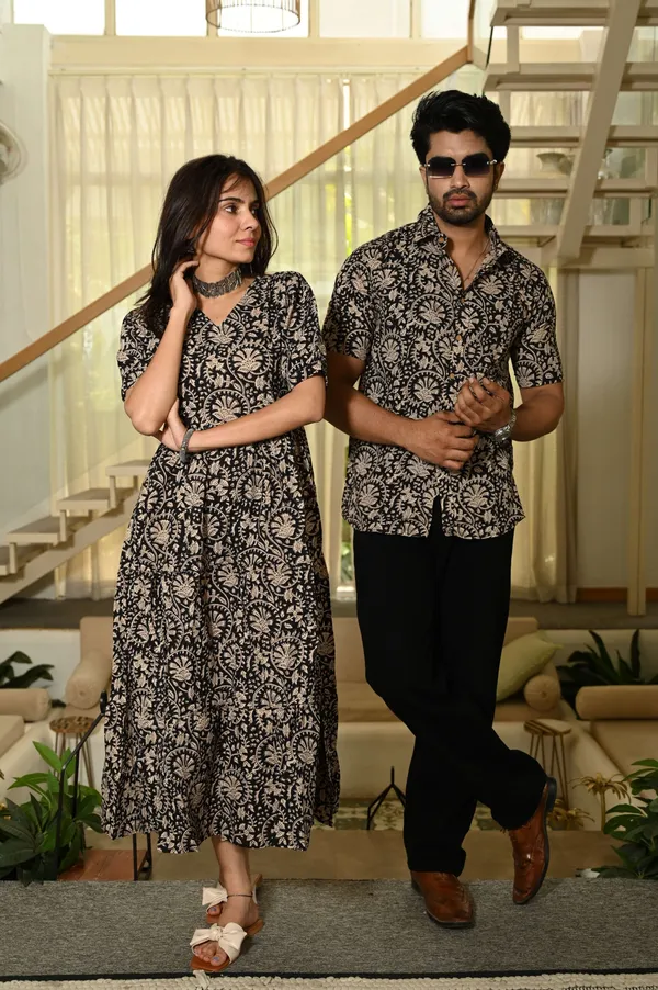 Couple_Matching_Red_Printed_Cotton_Anarkali_Midi_Dress_Shirt_Set_Summer_Casual_Wear