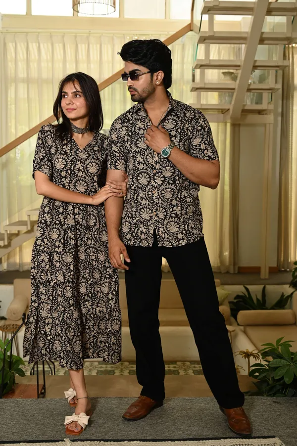 Couple_Matching_Red_Printed_Cotton_Anarkali_Midi_Dress_Shirt_Set_Summer_Casual_Wear