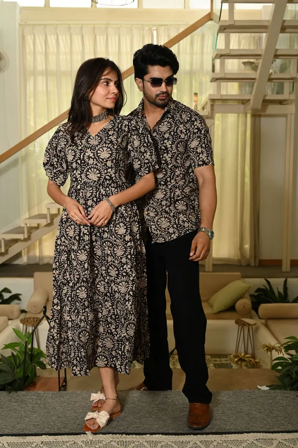 Couple_Matching_Red_Printed_Cotton_Anarkali_Midi_Dress_Shirt_Set_Summer_Casual_Wear