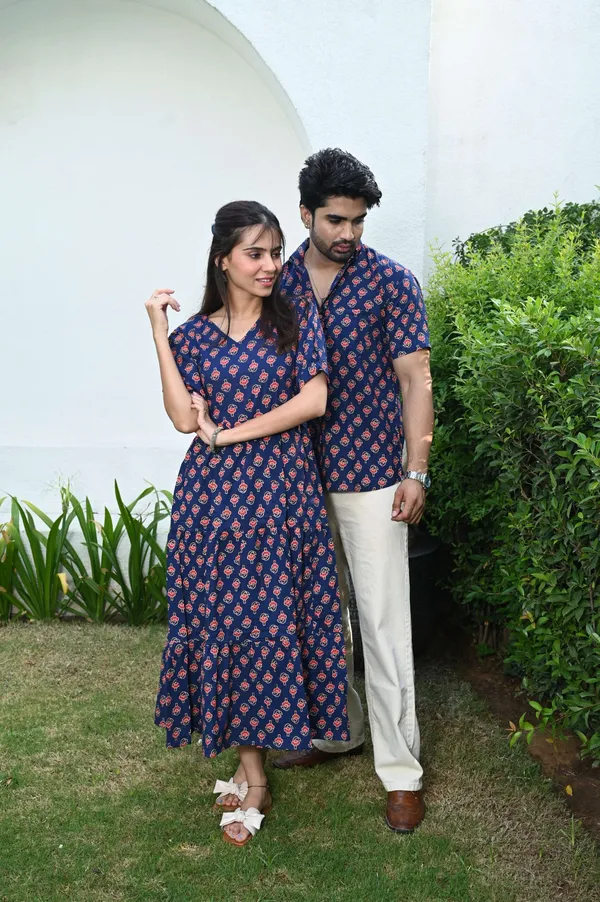 Couple_Matching_Navy_Blue_Cotton_Printed_Anarkali_Midi_Dress_Shirt_Set_Casual_Festive_Wear