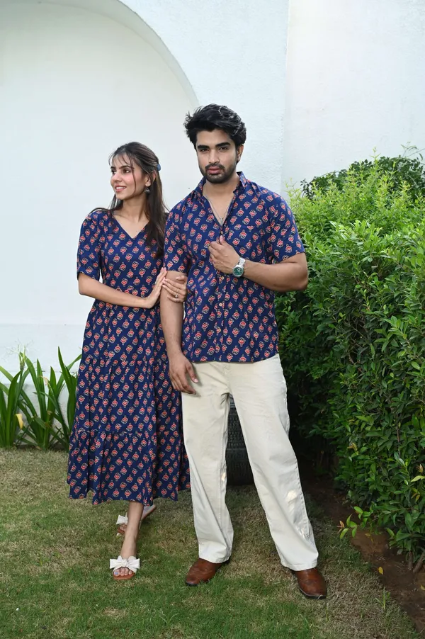 Couple_Matching_Navy_Blue_Cotton_Printed_Anarkali_Midi_Dress_Shirt_Set_Casual_Festive_Wear