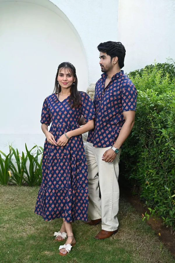 Couple_Matching_Navy_Blue_Cotton_Printed_Anarkali_Midi_Dress_Shirt_Set_Casual_Festive_Wear