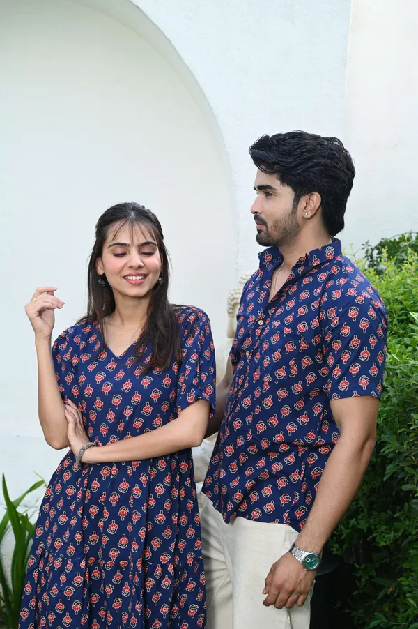 Couple_Matching_Navy_Blue_Cotton_Printed_Anarkali_Midi_Dress_Shirt_Set_Casual_Festive_Wear