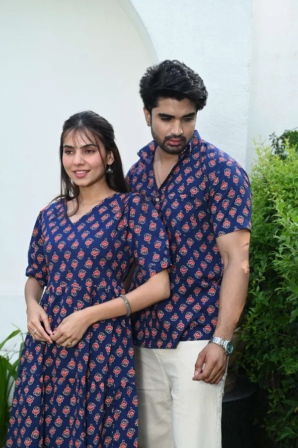 Couple_Matching_Navy_Blue_Cotton_Printed_Anarkali_Midi_Dress_Shirt_Set_Casual_Festive_Wear