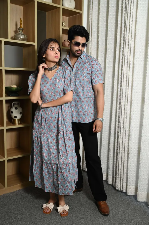 Couple_Matching_Sky_Blue_Cotton_Anarkali_Midi_Dress_And_Shirt_Set_Pink_Floral_Print