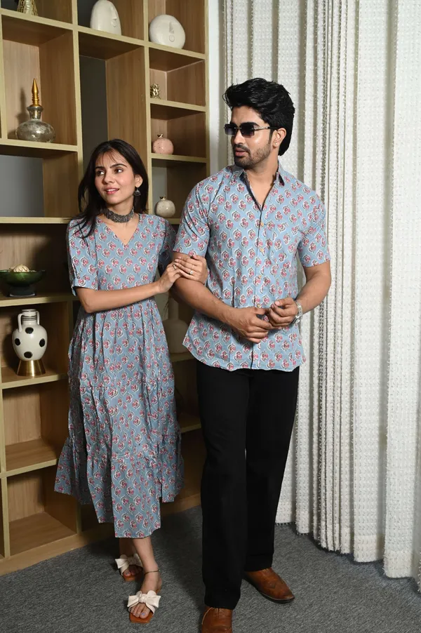 Couple_Matching_Sky_Blue_Cotton_Anarkali_Midi_Dress_And_Shirt_Set_Pink_Floral_Print