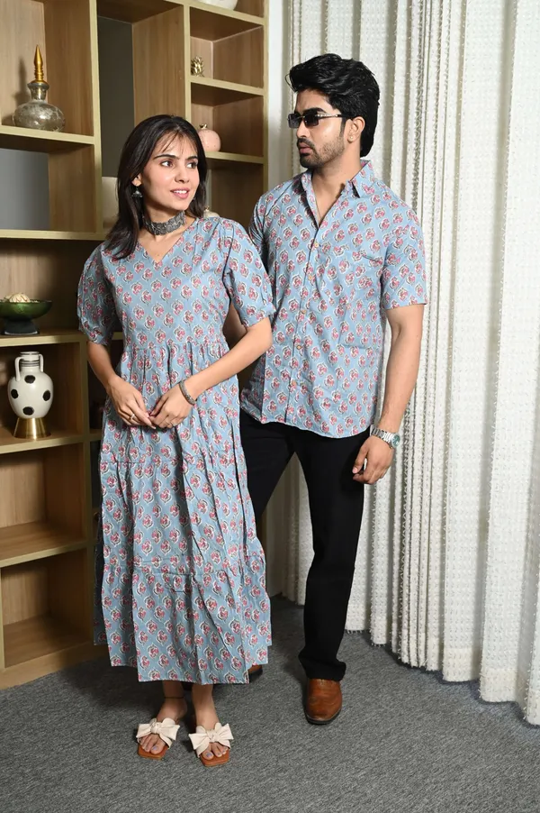 Couple_Matching_Sky_Blue_Cotton_Anarkali_Midi_Dress_And_Shirt_Set_Pink_Floral_Print