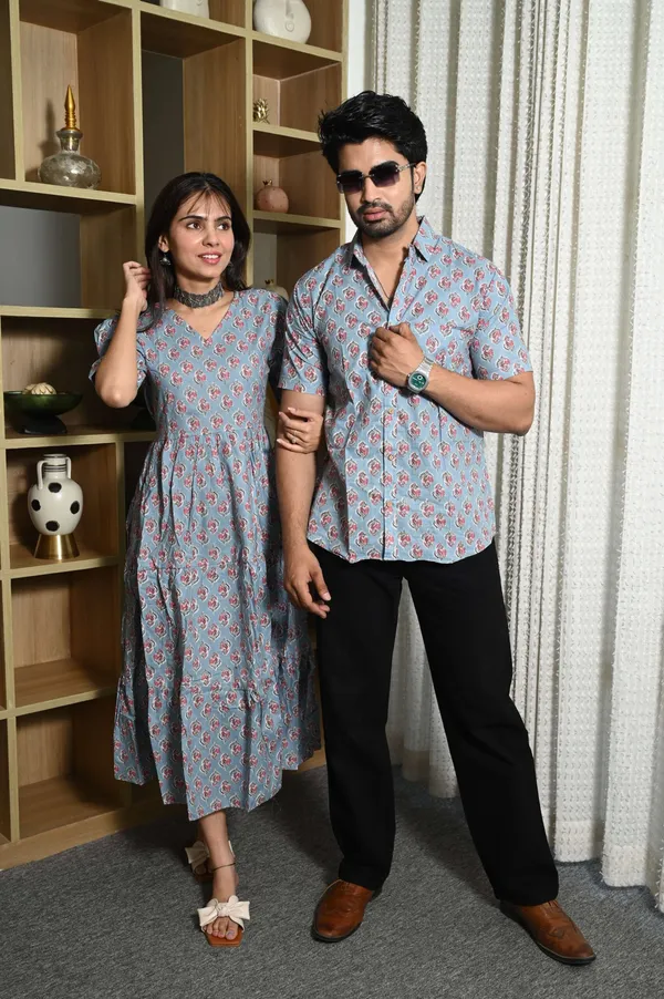 Couple_Matching_Sky_Blue_Cotton_Anarkali_Midi_Dress_And_Shirt_Set_Pink_Floral_Print