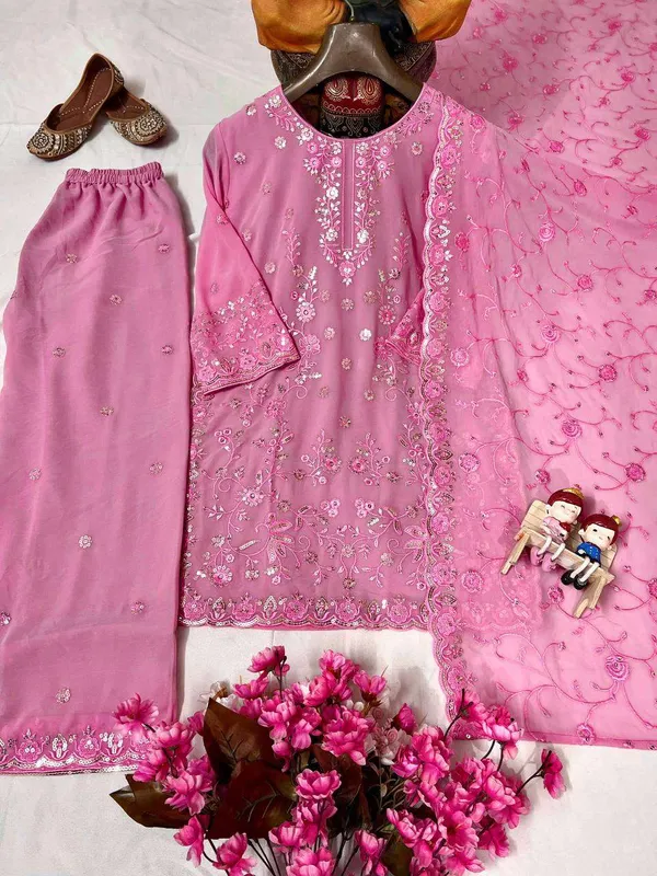 Women_S_Faux_Georgette_Embroidery_Work_Straight_Kurti_With_Pant_And_Dupatta_Set