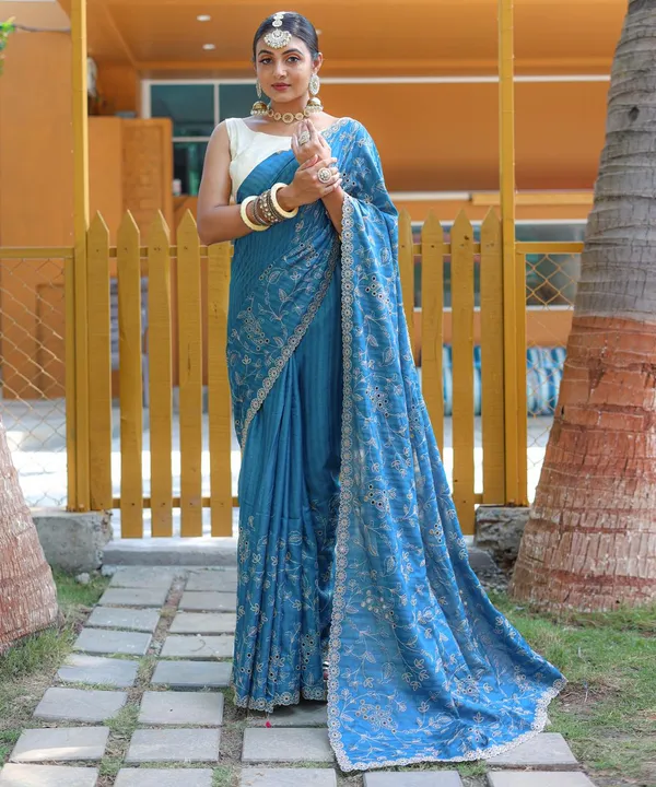 Women_S_Royal_Prussian_Blue_Georgette_Saree_With_Intricate_Silver_Thread_Mirror_Work_Embroidery_Perfect_For_Festive_Wedding_Celebrations