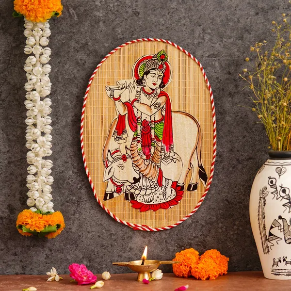 Oval_Shaped_Design_Bamboo_Hand_Crafted_Wall_Hangings_Of_Krishna_Ji_With_Holy_Cow_For_Home_Decor_Bamboo_Art_For_Wall_Decor