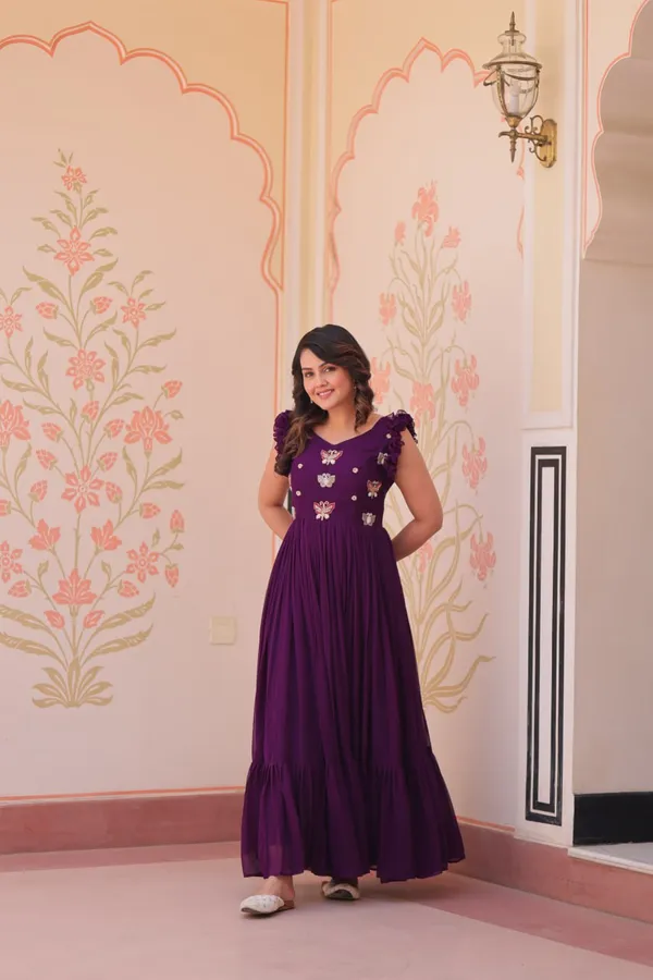 Women_S_Elegant_Plum_Purple_Georgette_Anarkali_Gown_With_Butterfly_Applique_Ruffle_Sleeves_Festive_Special_Occasion_Wear