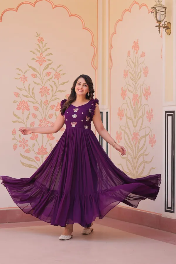 Women_S_Elegant_Plum_Purple_Georgette_Anarkali_Gown_With_Butterfly_Applique_Ruffle_Sleeves_Festive_Special_Occasion_Wear