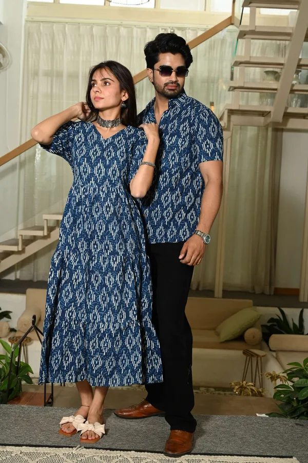 Couple_Matching_Blue_Ikat_Print_Cotton_Anarkali_Midi_Dress_And_Shirt_Set