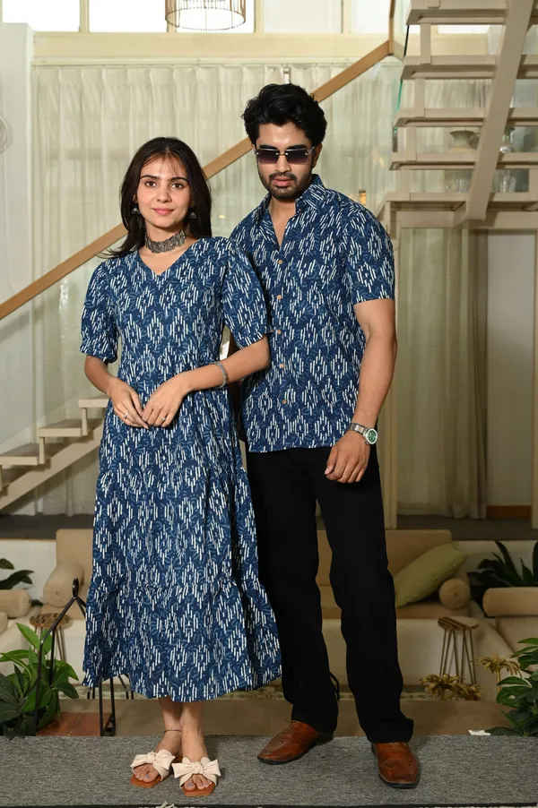 Couple_Matching_Blue_Ikat_Print_Cotton_Anarkali_Midi_Dress_And_Shirt_Set