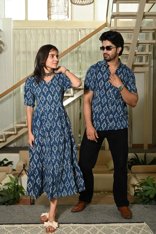 Couple_Matching_Blue_Ikat_Print_Cotton_Anarkali_Midi_Dress_And_Shirt_Set