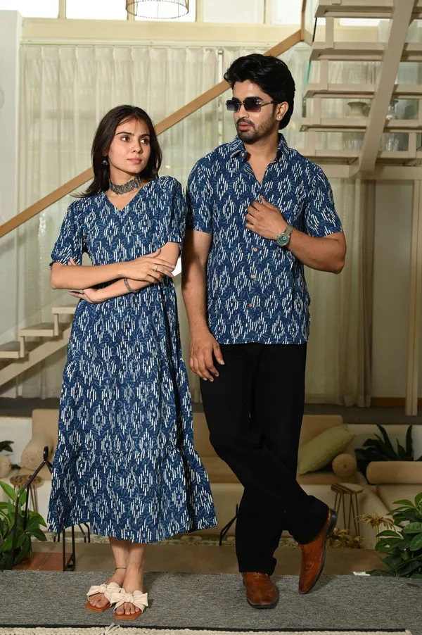 Couple_Matching_Blue_Ikat_Print_Cotton_Anarkali_Midi_Dress_And_Shirt_Set