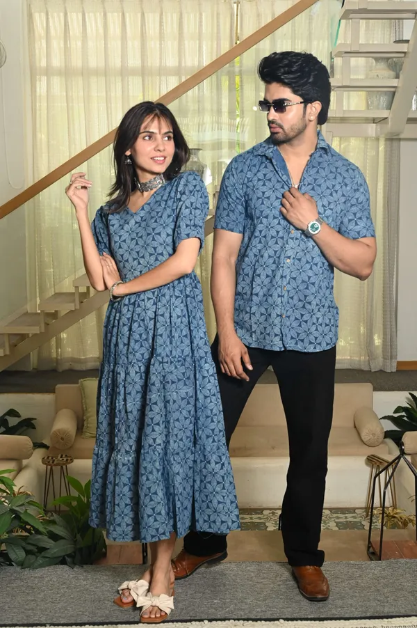 Couple_Matching_Blue_Cotton_Anarkali_Midi_Dress_And_Shirt_Set_Geometric_Block_Print