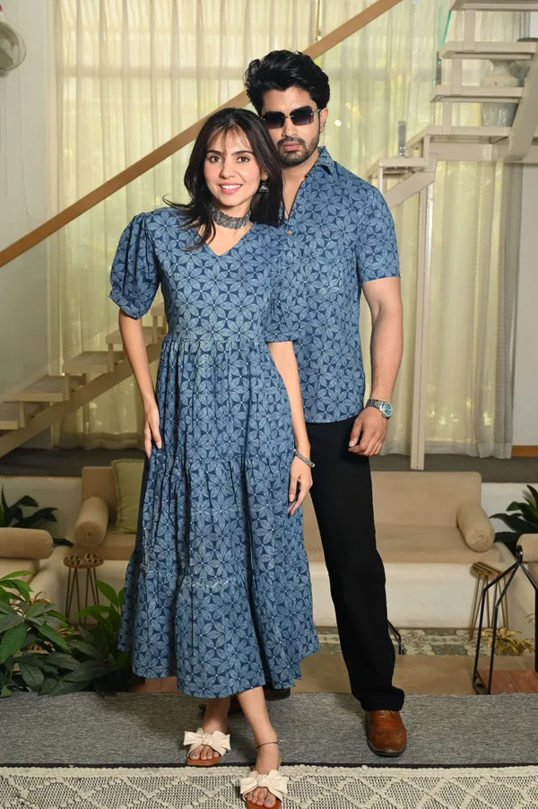Couple_Matching_Blue_Cotton_Anarkali_Midi_Dress_And_Shirt_Set_Geometric_Block_Print