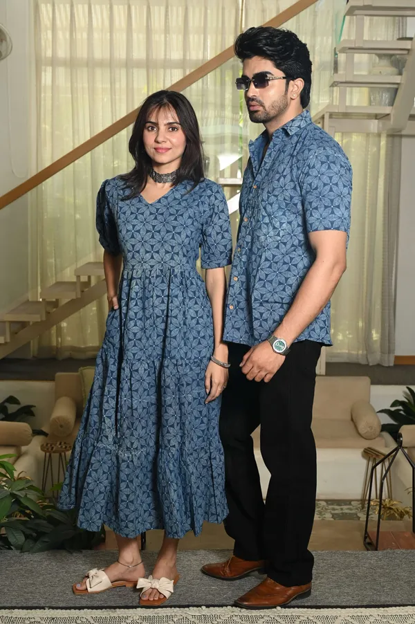 Couple_Matching_Blue_Cotton_Anarkali_Midi_Dress_And_Shirt_Set_Geometric_Block_Print