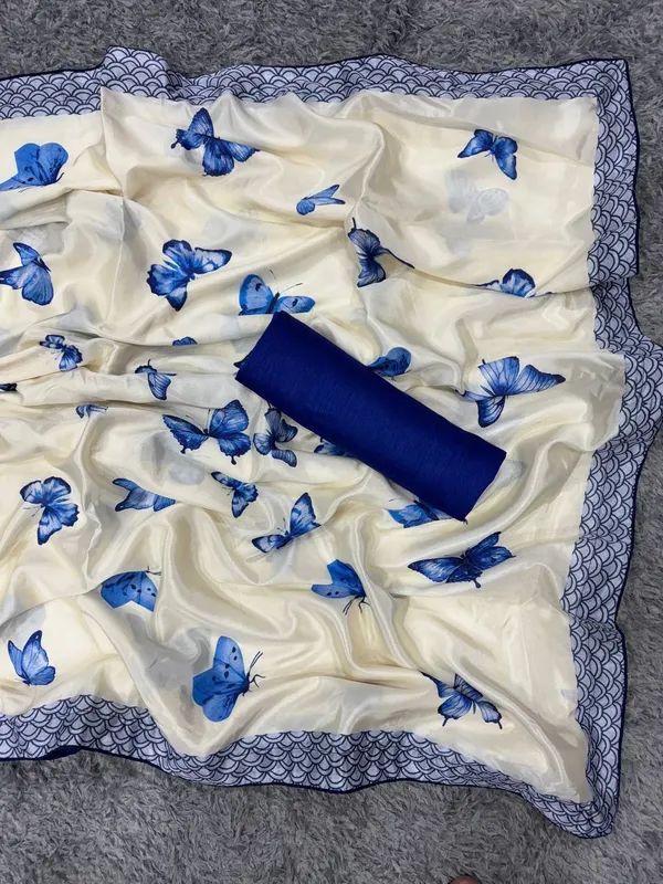 Women_S_Chic_Snow_White_Georgette_Saree_With_Vibrant_Blue_Butterfly_Digital_Print_Contrasting_Border_Perfect_For_Casual_Outings_Day_Events