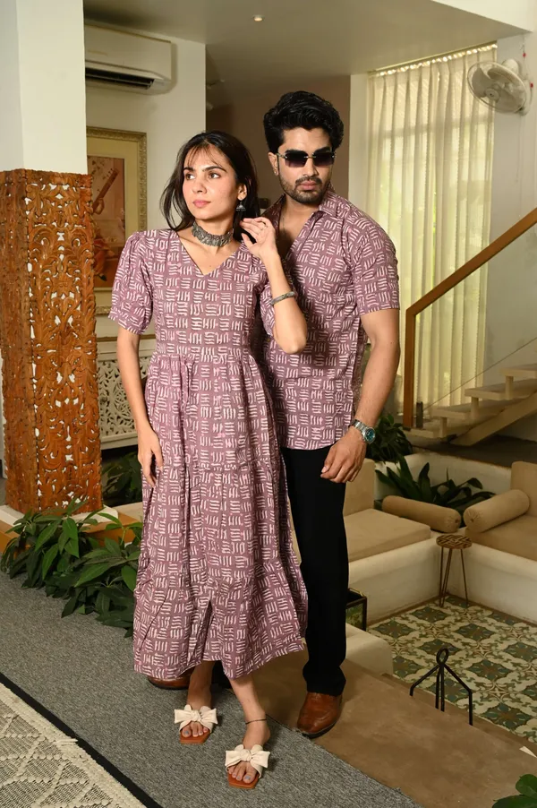 Couple_Matching_Mauve_Cotton_Anarkali_Midi_Dress_And_Shirt_Set_Abstract_Line_Print