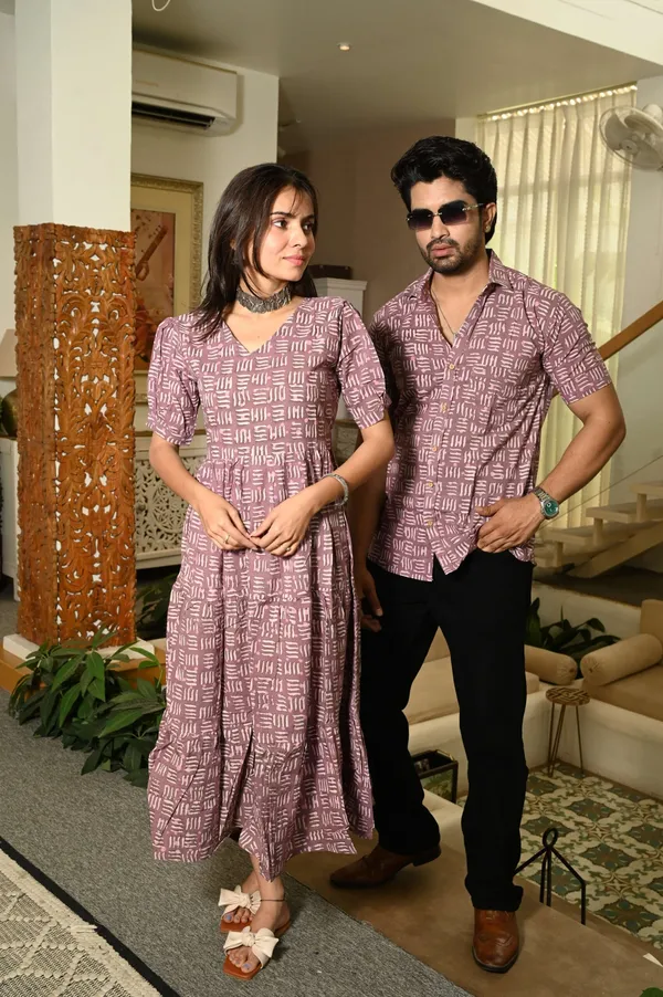 Couple_Matching_Mauve_Cotton_Anarkali_Midi_Dress_And_Shirt_Set_Abstract_Line_Print