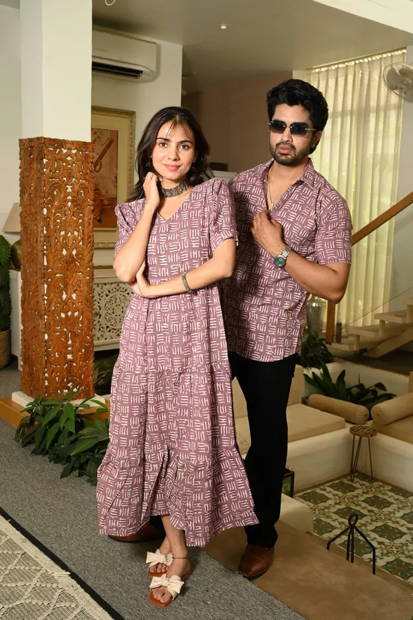 Couple_Matching_Mauve_Cotton_Anarkali_Midi_Dress_And_Shirt_Set_Abstract_Line_Print